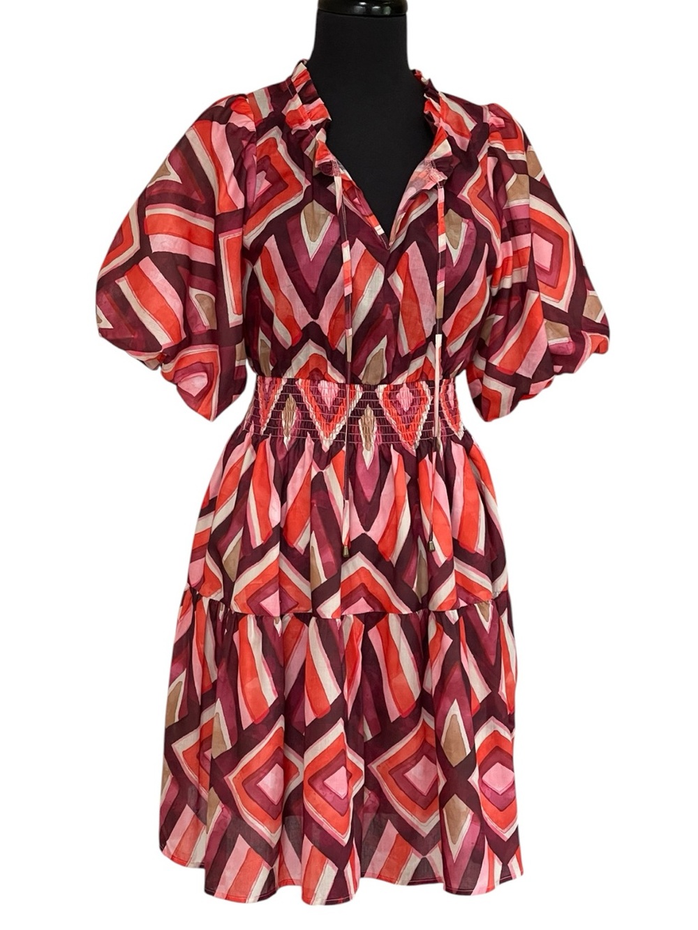 THML Boho Geometric Diamond Print Short Dress Sz S Puffed Short Sleeves Ruffle